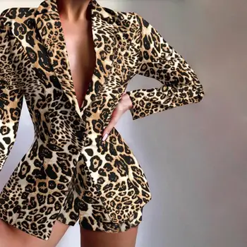 2 Buc Femei Sacou Pantaloni Scurți Set Mâneci Lungi Slim Fit Elegant V Gât Leopard De Imprimare Gradient De Culori Singur Buton Naveta Utilaje 0