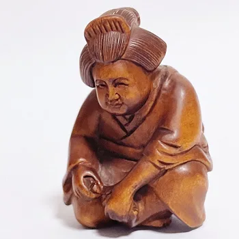 2 INCH Japoneză Cimișir Sculptate manual Netsuke Sculptura in Miniatura Destul de Gheișă Doamna care statea