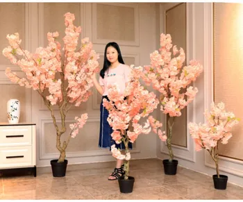 2M 6.5 Ft Alb Roz Artificiale Copac Floare de Cires Cu Negru Vaza Pentru Hotel Magazin Peisaj DIY Florale Nunta Decor
