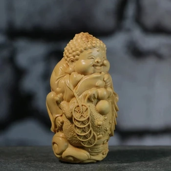 8CM Aur Statuia lui Buddha cu Monk Lemn Broaște Mascota Decor Acasă Cimișir Sculptură