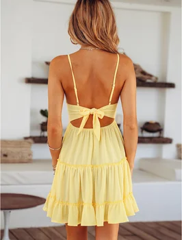 Alb Casual Mini Sundress Vară Femei 2021 Sexy fara Spate V-gât Lace Rochie de Plaja de Moda rochie fără Mâneci Curea de Spaghete Rochii