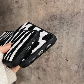 Alb negru model zebra Broderie Pufos de Pluș Telefon Caz pentru IPhone 13 12 11 Pro Max X XR XS Max 7 8 Plus Țesături de Lână Capac