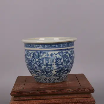 Antic chinez Antic Face Parte Albastru și Alb Xi Caracter Mic Cilindru de Colectare Ornamente