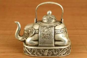 Antichități mare chineze vechi Tibet argint elefant statuie oală de ceai decor acasă