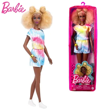 Barbie Papusa Fashionistas #180 Blonda Afro cu Partea Bufe Tie-dye Romper Adidasi Galben Bratara Barbie Jucarie pentru Copii HBV14
