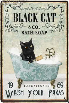 Cat &co săpun de baie stabilite spălați-vă labele de Metal de Staniu Semn Infographic Poster pentru Acasă baie Club Toaletă Cafea Placa Decor