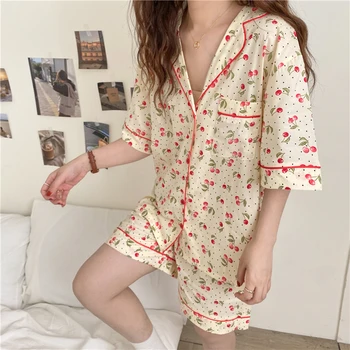 Cherry Plaid Print Vara Set De Pijama Femei Coreene Moale Kawaii Acasă Costum Scurt, Camasi Cu Maneca + Pantaloni Scurți Set De Două Piese Homewear