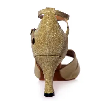 Classic lady dans latino pantofi glitter fata de bal profesionale Salsa, tango, petrecere de dans, sandale de 7,5 cm toc auriu maro