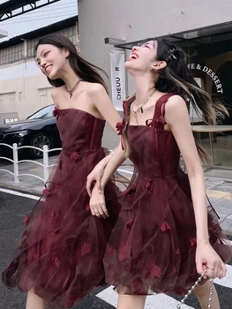 Coreeană de Moda High-end Rochie de sex Feminin 2022 Vara Nou stil întuneric roșu franceză slim sundress Dulce fără Mâneci Plasă de rochie de Printesa
