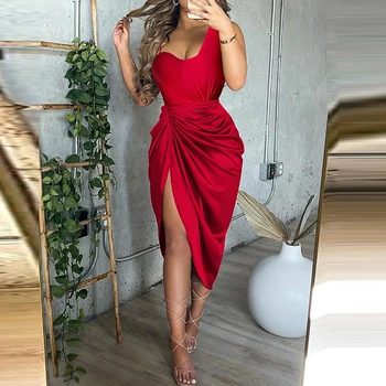 Doamnelor Sexy Petrecere Vestidos de Vară Casual Culoare Solidă Unul-umăr Neregulate Shirring Fantă Rochie Eleganta pentru Femei de Moda Haine