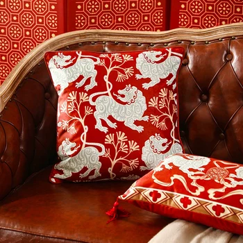 DUNXDECO Vintage Rosu Chinezesc Bucurie Tigru Leu față de Pernă Decorative Pernă de Lux Catifea Art Canapea Cameră Pătrat Coussin
