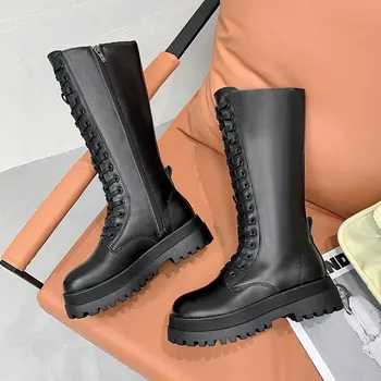 Femei Cizme De Luptă Antumn 2022 Feminin Platformă Înaltă Gotic Pantofi Cizme Negre Din Piele Dantela-Up Pentru Femei Cizme Genunchi Ridicat