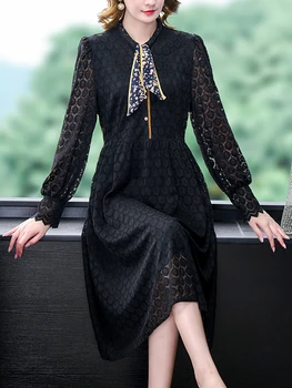 Femei Dantelă Neagră Cârlig De Flori Tubulare Sexy Rochie Midi De Toamna Noi Maneca Lunga Eleganta Rochie De Noapte 2022 Coreean Epocă Hepburn Rochie
