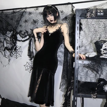 Femei Dark Goth Strappy Coadă De Pește Fără Mâneci Tiv Dantelă Mozaic Midi Rochie Lunga