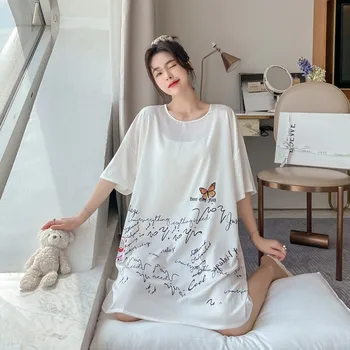 Femei Primavara-Vara Noi De Matase De Gheață Sleepshirts Casual, O-Neck Cămașă De Noapte Cu Maneca 3/4 Cămașă De Noapte Chineză Stil De Desen Animat De Imprimare Pijamale