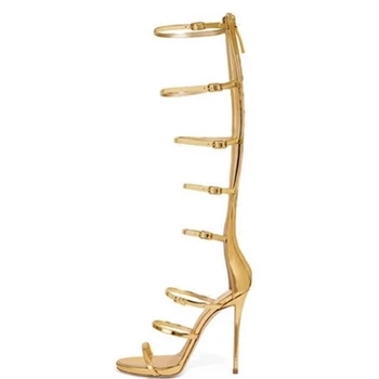 Femei Sexy Aur Bandă Îngustă Gol Afară Toc Înalt Pantofi De Partid Catarama Curea Cu Fermoar Spate Roma Stil Sandale De Înaltă Calitate