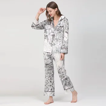 Gri Femeile de Imprimare Dragon Raionul Pijamale Seturi de 2 BUC Complet Maneca&Pantaloni Pijamale Sexy Somn Costum de Pijamale de Vara Lounge Acasă îmbrăcăminte de noapte