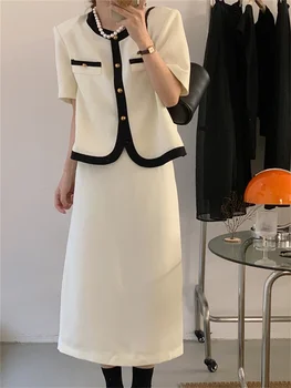 HziriP Eleganta Office Purta Maneci Scurte Sacouri Mid-Lungime Fuste Lungi Costume De Vară De Moda Lady Uzura De Muncă Slim Două Bucăți Seturi