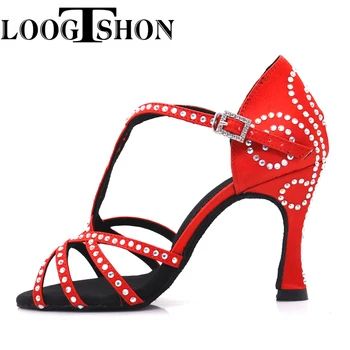 Loogtshon latină dans pantofi pentru femeie Pantofi de Dans latino ROSIE stralucitoare din satin Femei Salsa party Ballroom pantofi