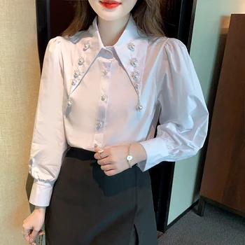 Moda Ștrasuri Din Mărgele Albe Elegante Bluze Femei 2022 Coreene Noi Chic Casual Vintage Tricouri Simple De Birou Poarte Blaturi De Lucru