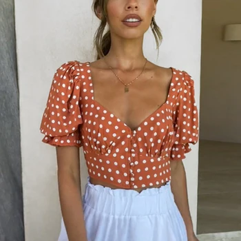 NEAMU-Vara Femei Vintage Polka Dot Imprimate Bluza de Cultură Puff Maneca Scurta Bodycon Tricou Doamnelor V Gât Subțire Topuri de Moda
