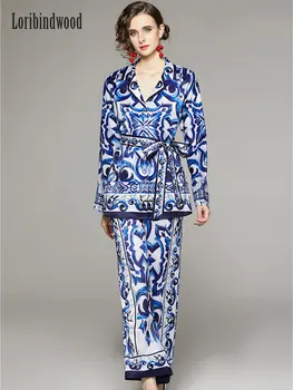 Noua Toamna Albastru Și Alb Portelan Print Pantaloni Costum pentru Femei Curea Dintata Bluza Top + Pantaloni Largi Picior Set Pijama de Mătase Utilaje