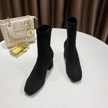 Noua Toamna Iarna Negru cu toc Înalt Șosete Cizme de piele de Căprioară Faux Femei Pantofi Cap Rotund Toc Gros Simplitate Slip-On Martin Papuceii