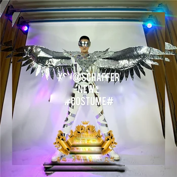 Oglindă de argint aripi de înger costum Club de noapte pentru bărbați GOGO performanță spațiu de dans costum tehnologia viitorului show robot de îmbrăcăminte