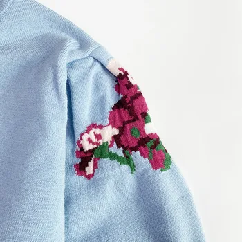 Pista Noua Supradimensionat Broderie Flori Pulover Albastru Lantern Maneca Femei Pulover Tricot Pulover 2021 Designer Haine De Epocă