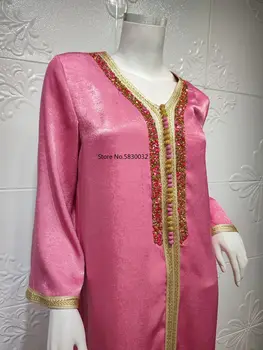 Ramadan Eid Rochie Maxi Roz Pentru Femei Modestă Turcia Musulmană Arabă Dubai Diamant Panglică V Gatului Maneca Lunga Jalabiya 2021