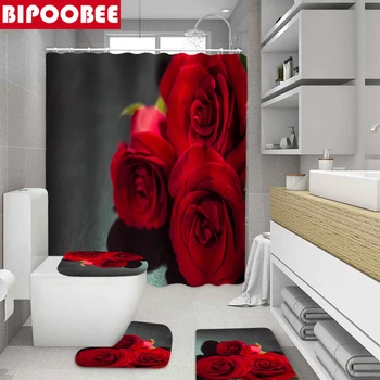 Red Rose Print 3D, Perdele de Dus Impermeabil Poliester Perdea de Baie Anti-alunecare Mat Baie Set de Toaletă, Covoare Covor Decor Acasă