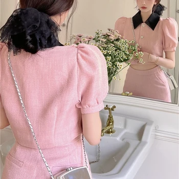 Roz dulce Mic Parfum Maneca Scurta Două piese Costum de Moda pentru Femei Puff Maneca Scurta Top + pantaloni Scurți de Înaltă Talie 2-Bucata Set