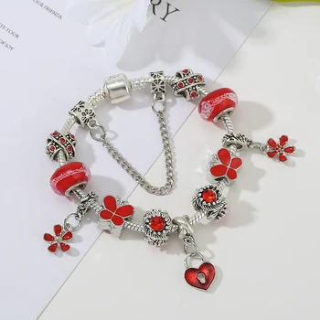 Seialoy Moda Floare Roșie Inima Farmecul Bratari Pentru Femei Sticlă Șirag De Mărgele Margele Fluture Argintiu Culoare Bratara Bijuterii Cadouri