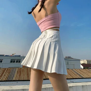 Stil Girly TVVOVVIN Culoare Solidă rochie Mini Plisate O-linie Vară Fusta Noua Talie Mare Legat Coarda de Moda pentru Femei ClothingM4J6