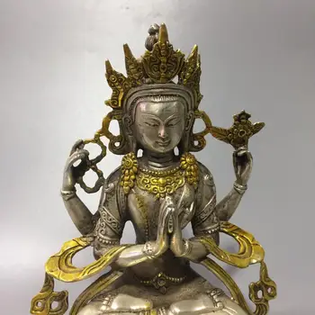 Tibet budismul argint aurit 4 Mână Arme Chenrezig tara pur, Zeita buddha statuie decor de metal artizanat