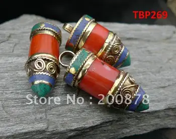 Tibet JewelryTBP269 Tibetan alamă încrustat coral roșu pandantiv,40mm,Nepal handmade bijuterii de epocă