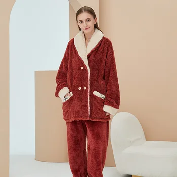 Toamna Iarna Flanel Doamnelor Pijamale cu mâneci Lungi, Pantaloni Cald Îngroșa Femei Pijama Set Culoare Solidă Vrac Confortabil Homewear