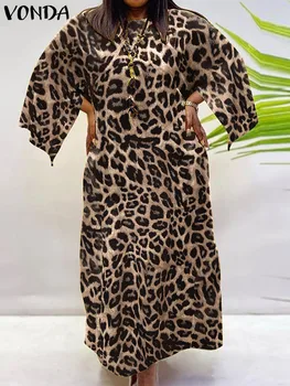 Vintage Rochie de Leopard de Imprimare Femei Maneca 3/4 Petrecere Maxi Lung Vestido 2022 VONDA Halat Femme Liber Casual Petrecere Sundress