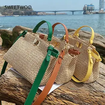 Țese Square Tote sac 2021 Vara Noi de Înaltă calitate, sac de Paie pentru Femei Designer de Geantă de mână de Plaja geanta de Voiaj Umăr Geanta Messenger