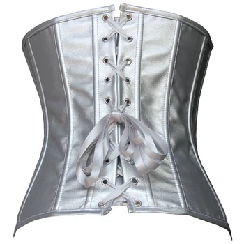Femei de Argint din PVC Imitatie de Piele cu Fermoar Overbust Corset ( S M L XL XXL ) Corp de Cladire Bustiera topuri + Sexy G-string de Zale 2