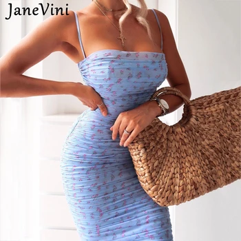 JaneVini Vara Mesh Blue Print Floral pentru Femei Bodycon Rochii Lungi 2021Strapless Sexy Backless Slim Fit Lungime Genunchi Rochie Ruched 4